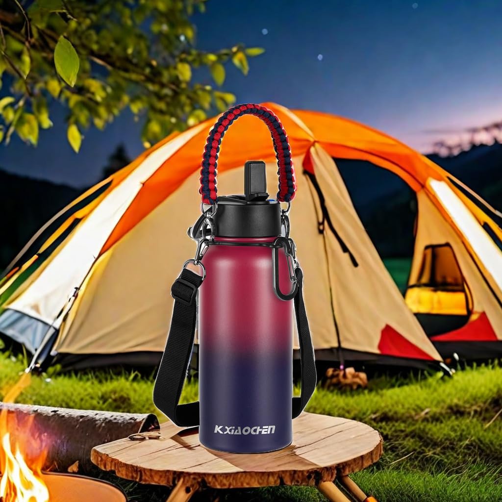KXIAOCHEN Isolierte Wasserflasche mit Riemen, kalt für 48 Stunden, auslaufsicher, dreiwandige Edelstahl-Sport-Trinkflasche mit Strohhalm und Auslaufdeckel, für Fitnessstudio, Wandern, Reisen, 1,2 l