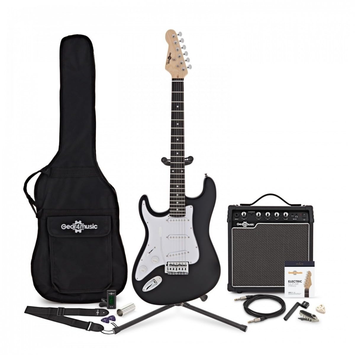 Pacchetto Chitarra Mancina Principianti con Ampli 15W e Accessori, Nero | Mancina dal Corpo Leggero e Comodo, Ampli 15W con EQ 3 Bande e Overdrive, Corde di Ricambio e Borsa, Nero