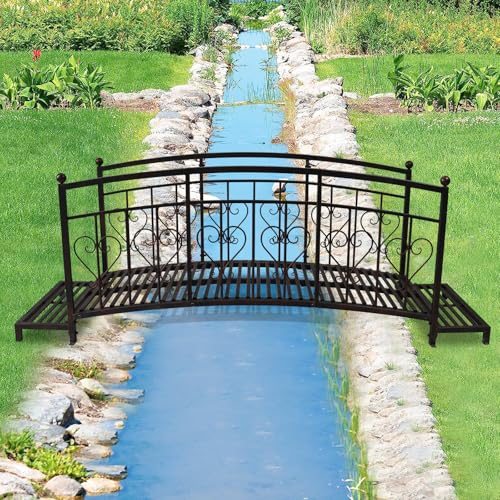 ide·o 8 FT Outdoor Bridge with Steps and Heart-Shaped High Safety Guardrails, Metal Garden Bridge, Garden Bridges for Outdoors, Iron Decorative Footbridge for Pond, Yard, Creek, Stream, Black Gold