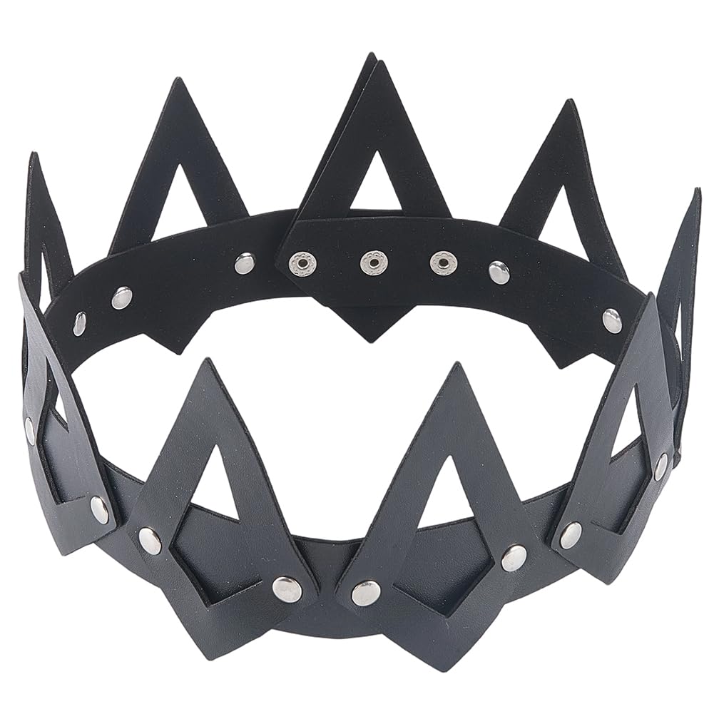CALFOVERA PU Leather Crown Black Gothic Adjustable Unisex King Queen Tiara Costume Headpiece Headband Headdress with Silver Alloy Button for Halloween Cosplay Birthday Masquerade Party