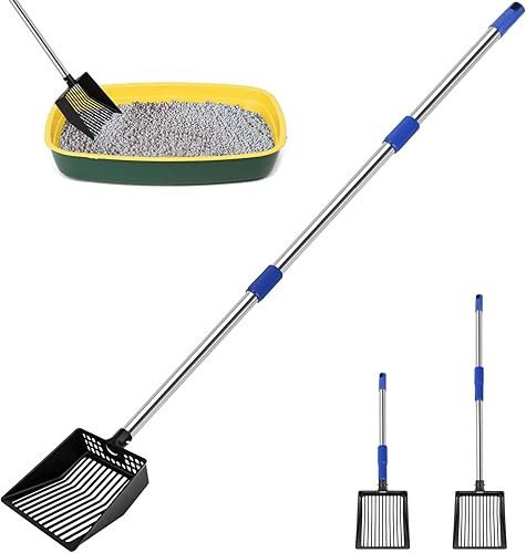 JAMIEWIN Cuchara extensible para arena para gatos, pala de tamizado de arena de mango largo, no se dobla hacia atrás, tamiz de arena desmontable