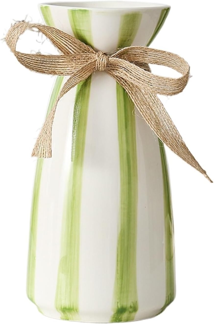 Modern simple blue striped ceramic vase, creative bow desktop dried flower bouquet Nordic vase decoration ornaments 3.9"" x 7.9""(Green)