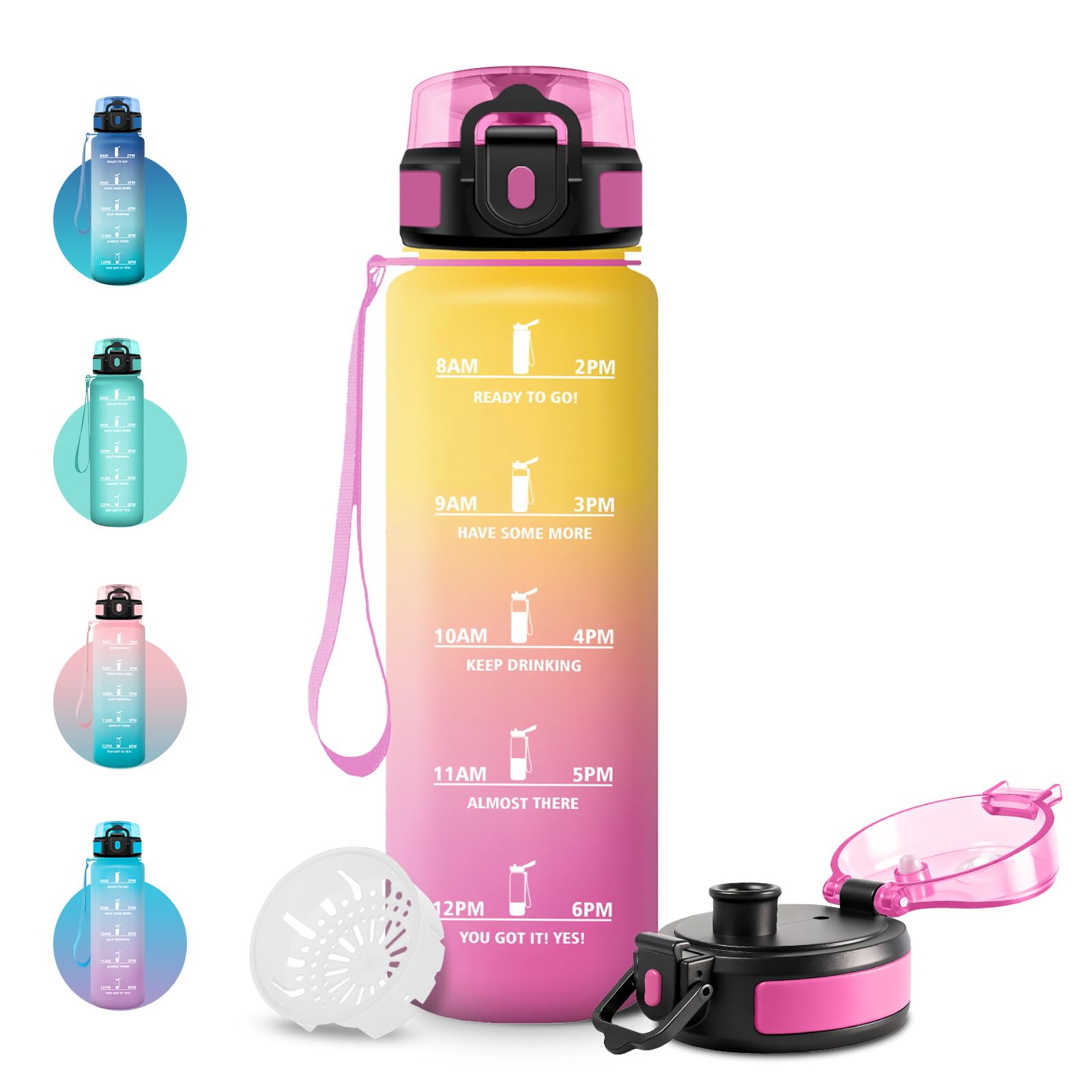 JAPORIA 500ml Water Bottle Rcon Filter & Time Markers - Reusable BPA Free Water Bottle Leakproof Sports School Office