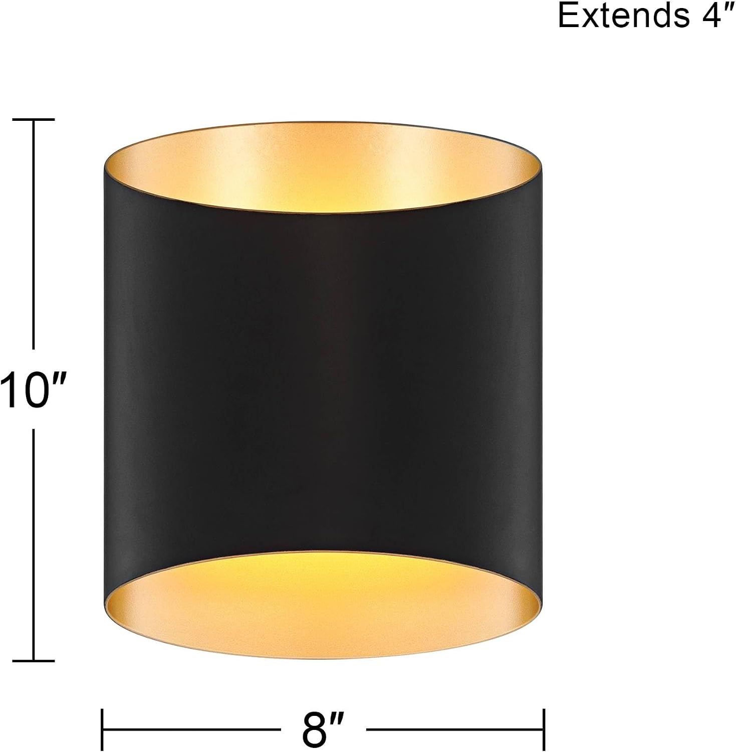 Possini Euro Design Everard 10" High Modern Outdoor Wall Light Fixture Mount Porch House Exterior Outside LED Bulb Weatherproof Matte Black Gold Front Door Patio Garage Home Deck Garden Backyard