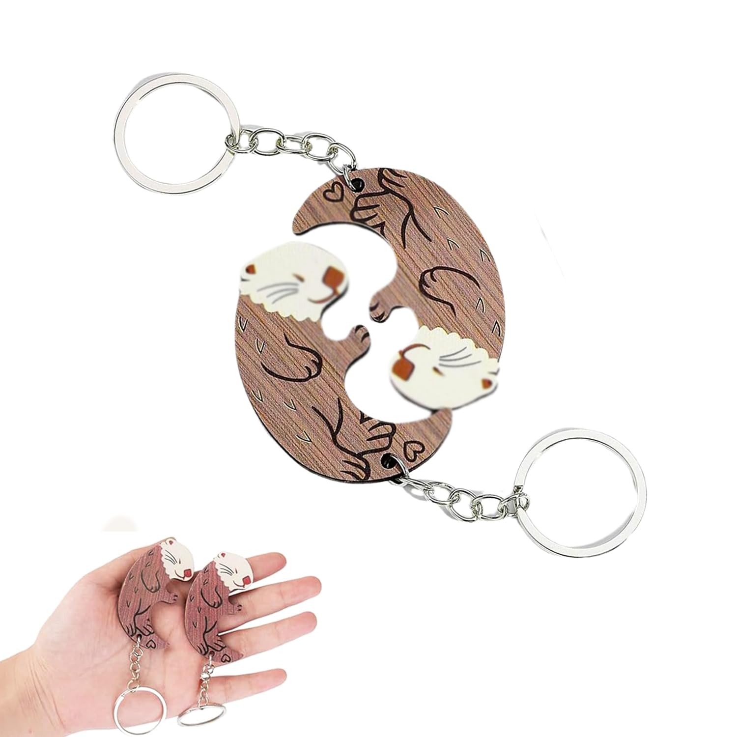Rxkfigx Unisex Wood Pack Of 2 Otter Keyrings Partner Keyring Animal Couple Keyfob Otter Motif Keychain Matching Keyrings Mini Keychains For Women And Men Personalised Cute Key Ring