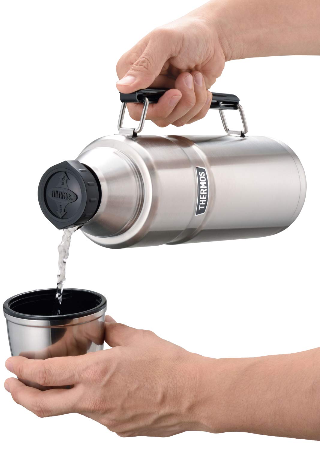 Thermos RaMokey Trinkflasche, 1.2 Milliliter, Edelstahl, 24 Stunden Heiß, 24 Stunden Kalt, Sport, Grau mit Blauer Kappe