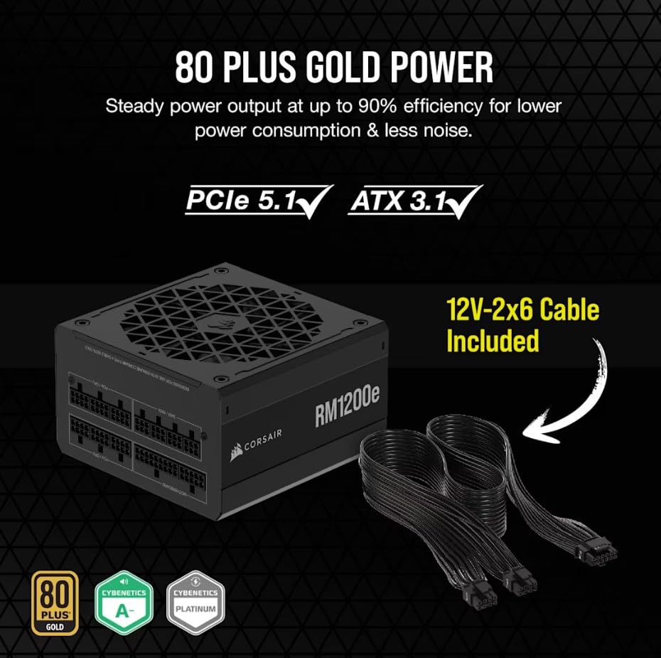 CORSAIR RM1200e (2023) Alimentatore ATX completamente modulare a basso rumore con cavo 12V-2x6 - Conforme ATX 3.1 e PCIe 5.1, efficienza Cybenetics Platinum, condensatori classificati 105 °, modalità