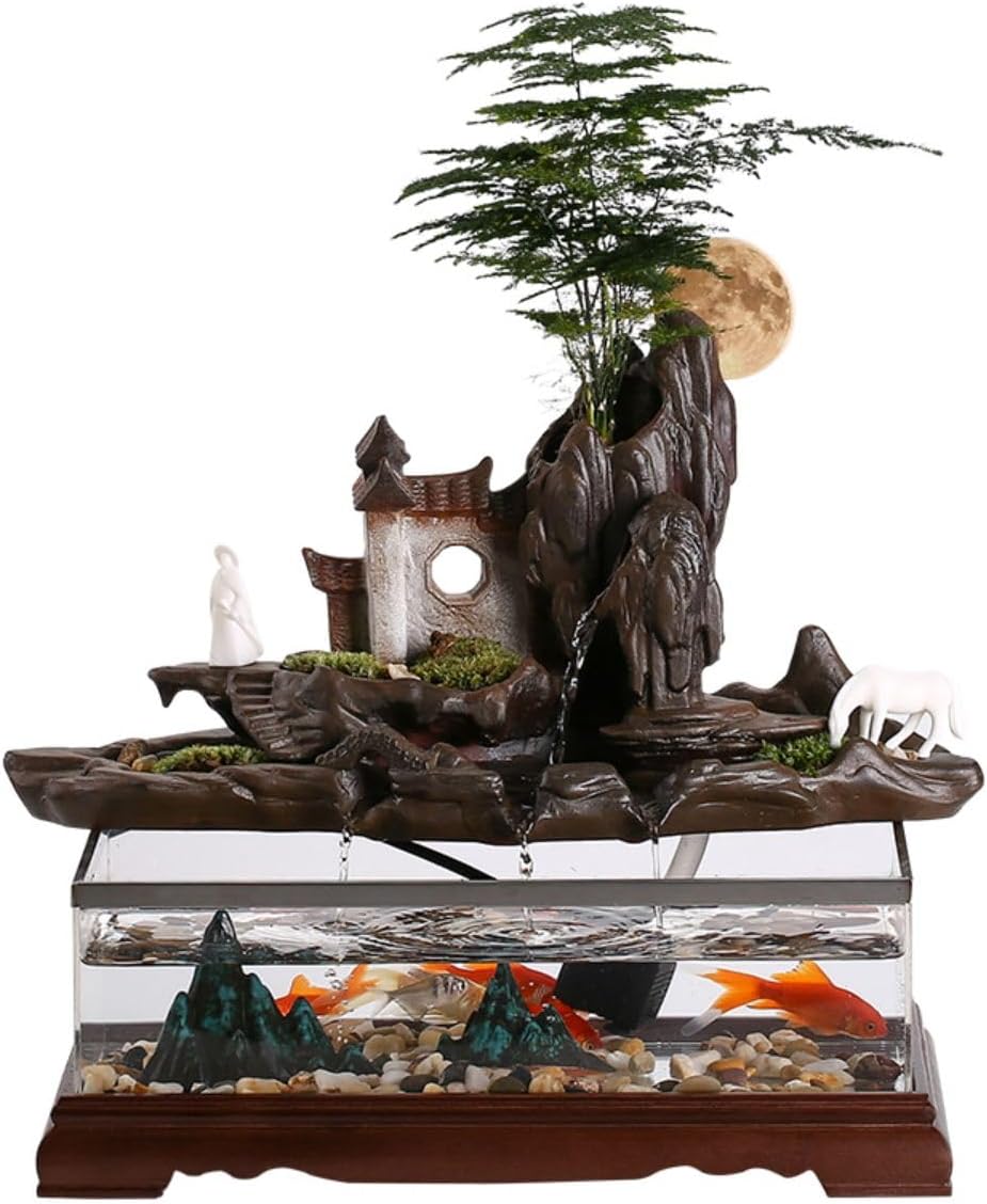 陶瓷假山 Ceramic Tabletop Fountain/流水生财喷泉摆件/Indoor Outdoor Portable Tabletop Decorative/Feng Shui Ornament for Bringing Wealth/客厅室内招财转运鱼缸玄关桌面装饰摆设(（方） 水帘洞天景观鱼缸摆件 博学小僧)