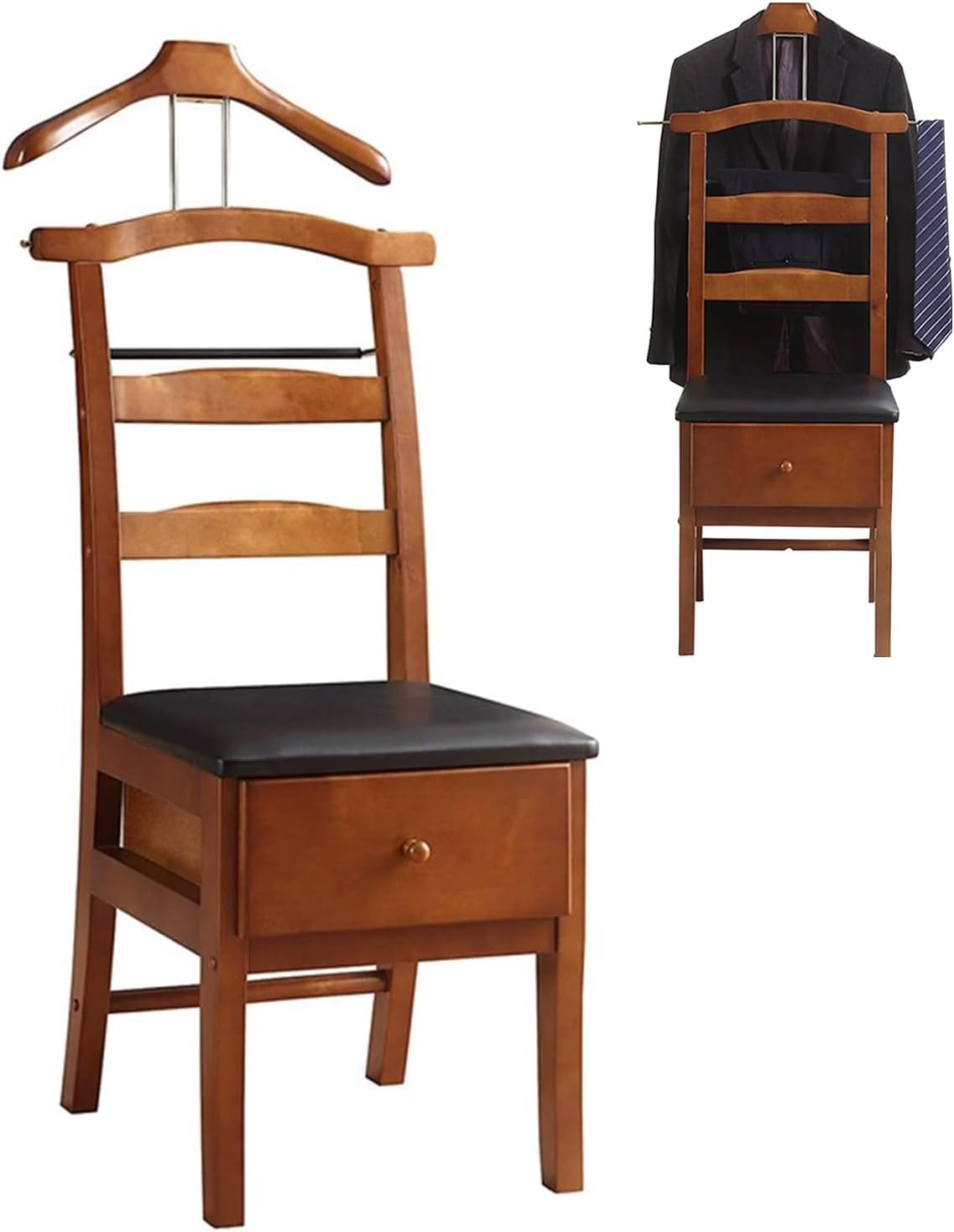 Wood Suit Valet Stand, Clothing Valet Chair with Drawer, Wrinkle-Free Garment Rack for Bedroom, Office & Entryway