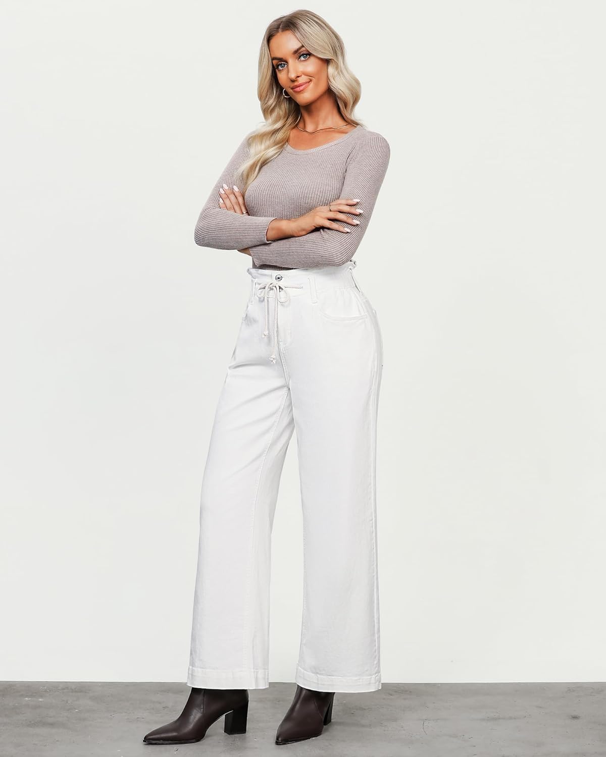 LookbookStore Womens Jeans Wide Leg High Waisted Trendy Elastic Wasit Drawstring Stretch Denim Pants Baggy Trouser Jeans - Image 4