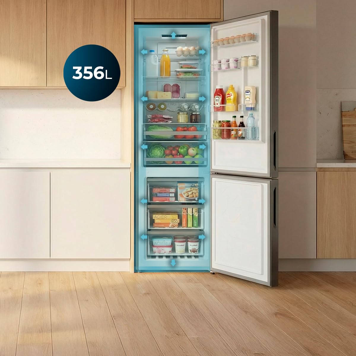 Cecotec Réfrigérateur Combiné Bolero CoolMarket Combi 356i Dark E. 200 cm de hauteur, 59,5 cm de largeur, Classe E, Technologie Multi Airflow, FreshnessFlex et HumidityFlex HUB, Dark Inox.