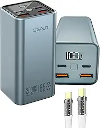 Power Bank A'Gold BTE-92 20000mAh Turbo 65W p/Notebook + 2 Cabos USB-C (20cm + CB-88 LED Trançado 66W 1m), 4 Saídas, PD QC4.0, Visor Digital, Compatível MacBook, Dell, Samsung, Xiaomi