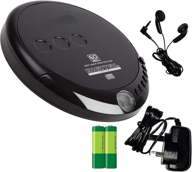 Classic CD Discman (Portable Personal CD Player), inc Earphones, Batteries, Power Supply. 60 Second Anti-Skip Protection, 20 track Memory, Black (Inc Batteries AND Mains Power Supply)