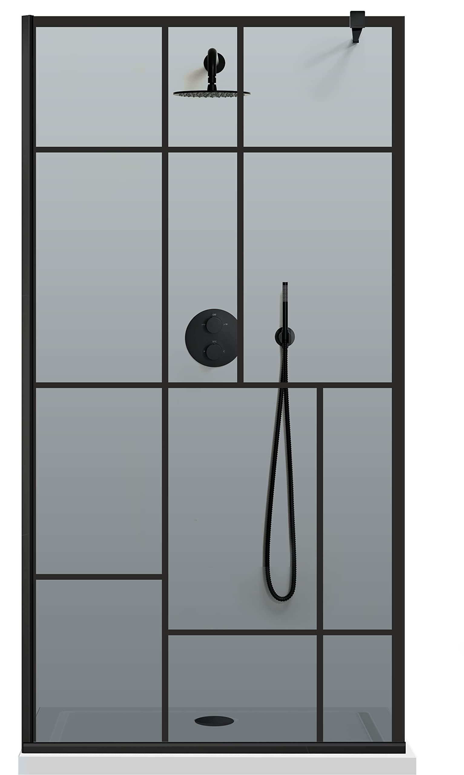 Aqua Roy Schwarz, Modell Urban Black, Größe 100 cm ab 70/80/90/100/110/120, Walk in Duschwand Duschabtrennung 8mm Glas grau mit NANO-beschichtetem sandgestrahltem Muster (100x195cm)