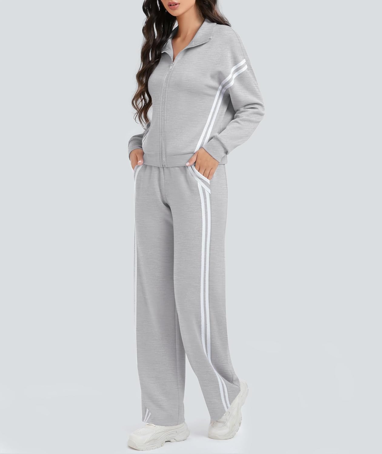 Casly Lamiit Women's 2 Piece Lounge Outfits Zip Up Sweat Set Contrast Striped Wide Leg Jogging Pants Travel Track Suit - Image 2