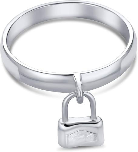Vista 3 de Bling Jewelry Dangle Charm Pad Lock Ring For Women For Girlfriend .925 Sterling Silver Polished 1MM