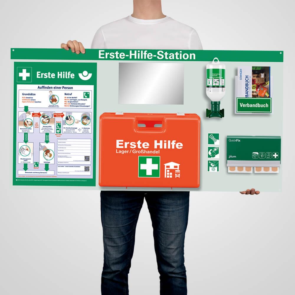 Erste-Hilfe-Station Classic Großhandel/Lager, ASR A4.3/DIN 13157, 116 x 60 cm, Art.-Nr. 611686 | Pflasterspender | Augenspülflasche | Verbandkoffer