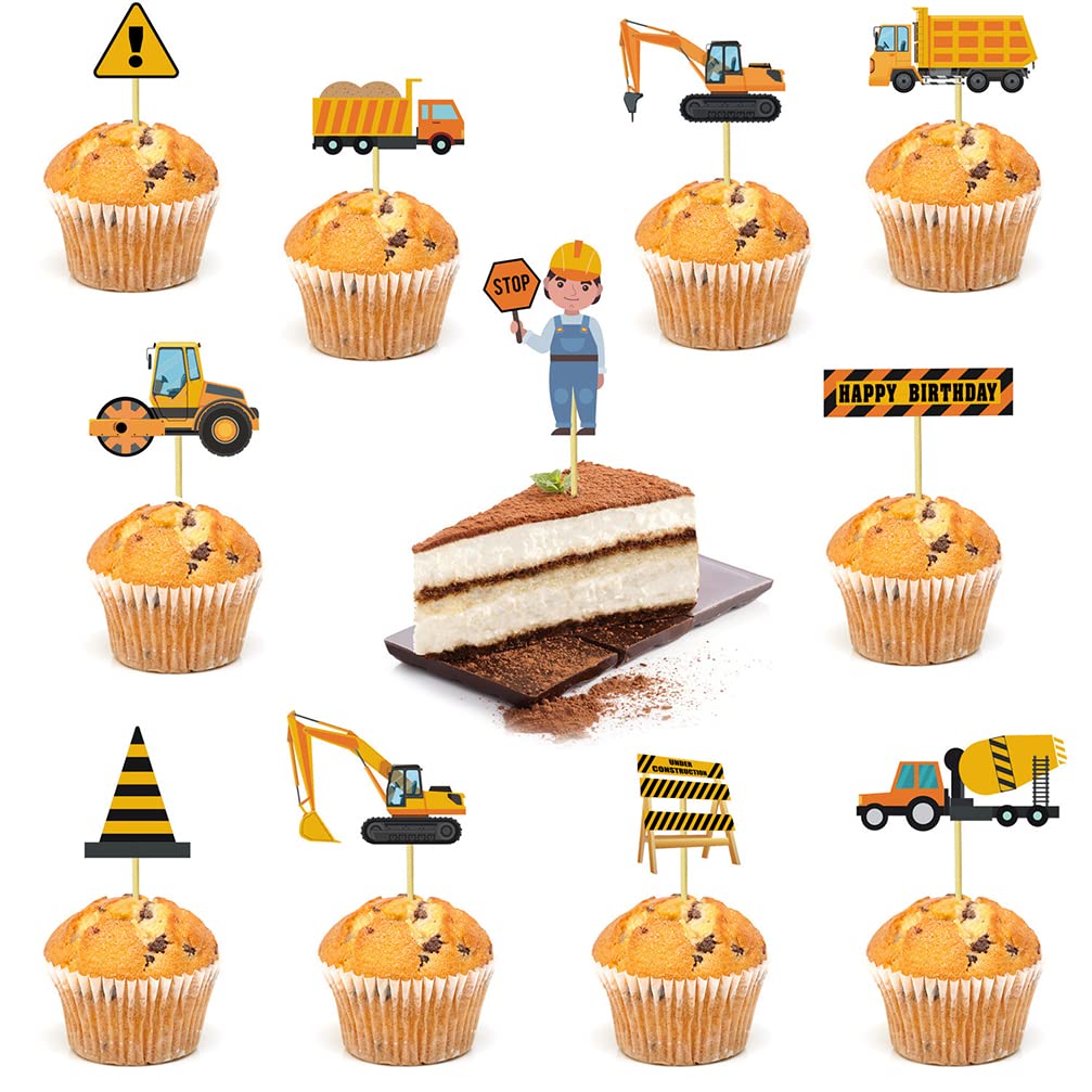 Aabellay 28 Stück Tortendeko Bau Fahrzeuge - Cupcake Topper, Kuchenstecker, Papier, Für Bau-Thema Geburtstagsparty, Bunt