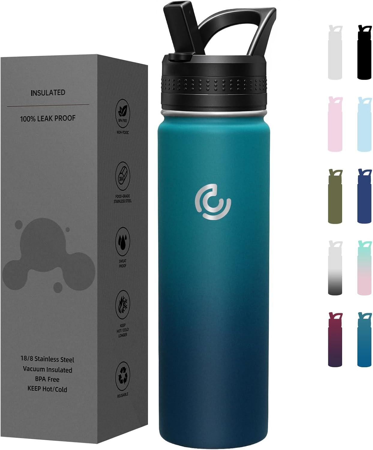 COKTIK 22oz Sports Water Bottle, Stainless Steel Water Bottle for Insulated, Reusable Travel Bottle, With Straw, With Handle Grip for Easy Carrying, Suitable for Cycling, Outdoor Vacations(Dark Night)