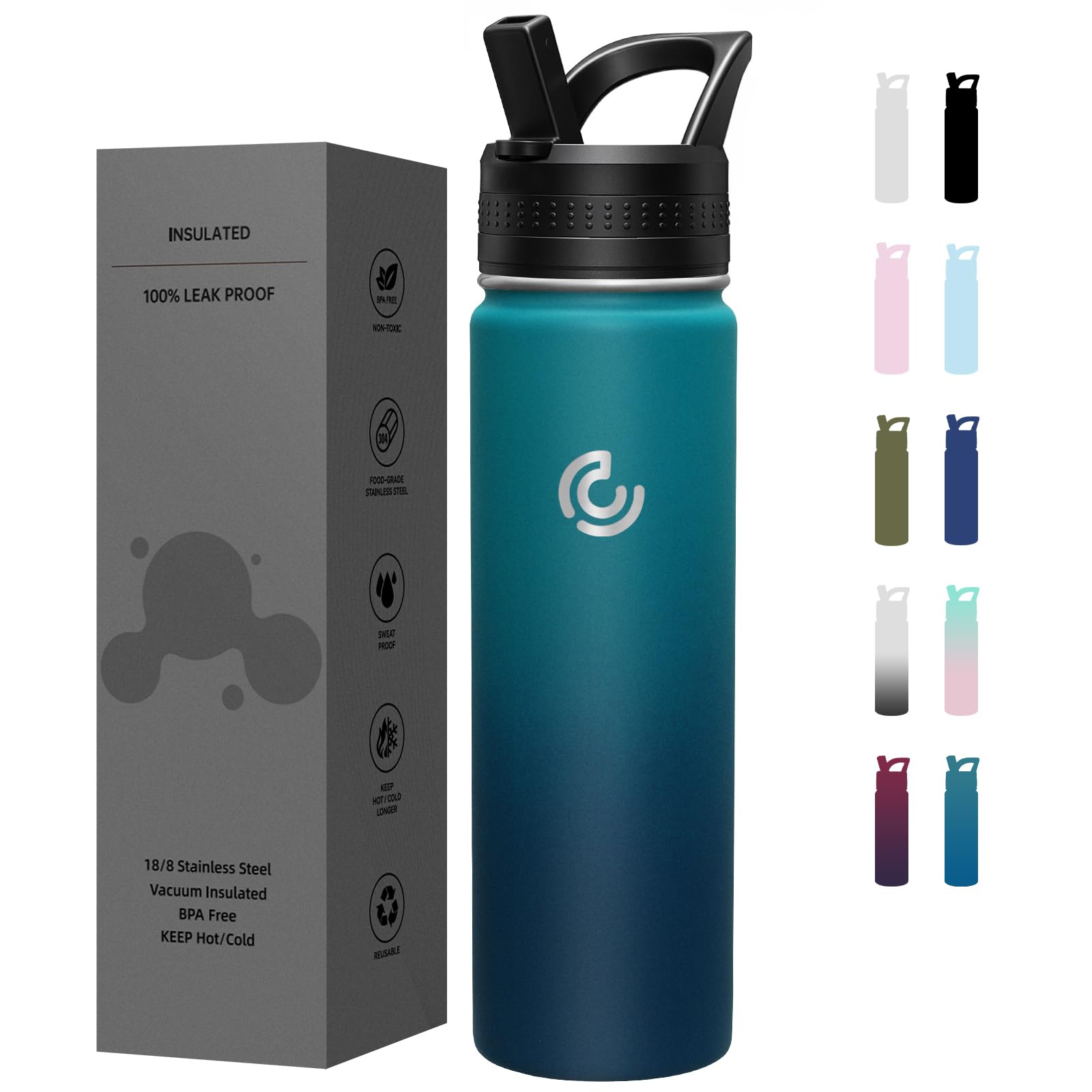 COKTIK 22oz Sports Water Bottle Stainless Steel Water Bottle for Insulated Reusable Travel Bottle With Straw With Handle