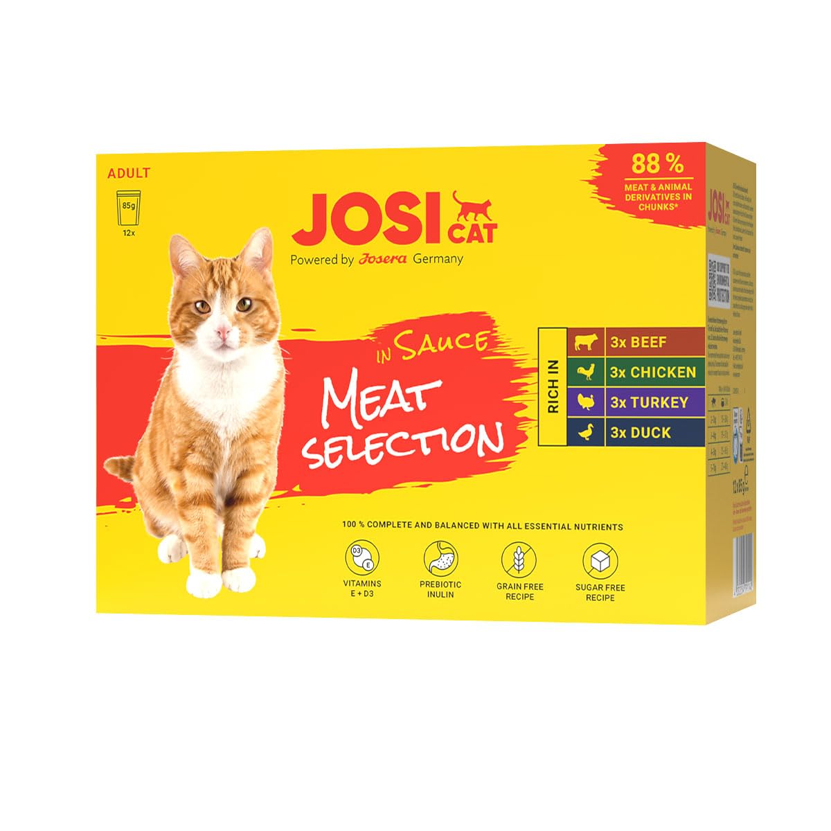 JosiCat Multipack Meat in Sauce | 48x 85g | Adult | Katzenfutter nass | Premium Nassfutter im Frischebeutel für ausgewachsene Katzen | 4 Sorten mit Fleisch in Sauce | German Quality by JOSERA