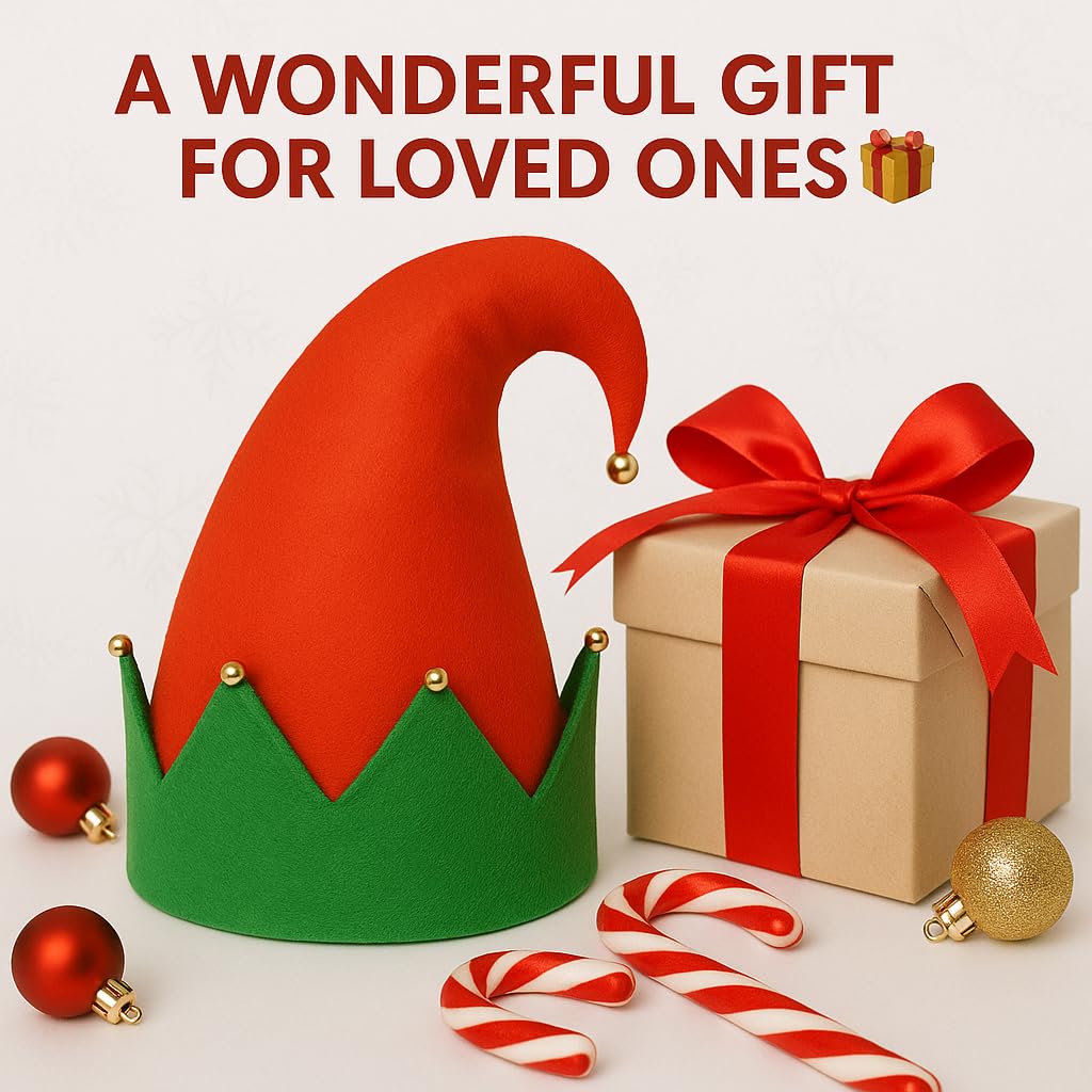 ZANGOC 2X Novelty Christmas Hats Pack -Christmas Santa Red Plush Hat + Elf Hat with Bell Rings -Holiday Costume Accessories for Adults & Kids - Image 3