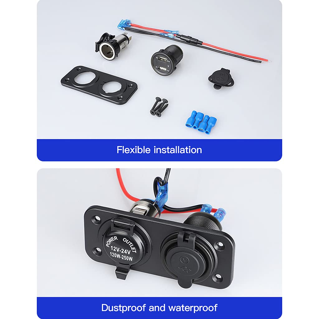 GRABLOOM Car Motorcycle 12V-24V Power Supply Adapter USB Voltmeter Charger Socket Panel Plate Mount Outlet Power Port Outlet Converter Adapter Combo Car Charger for Hair Dryer Headphone