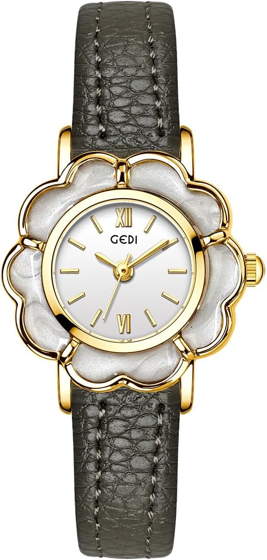CARLIEN Women's Fashion Petite Floral-Shaped Creative Gold Quartz Watch Lightweight Leather Band Elegant Ladies Dress Bracelet Wristwatch