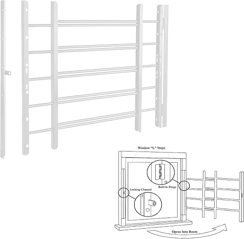 Grisham PP SPAG Barras de Seguridad para Ventanas con Liberación Rápida de Emergencia, (Blanco, 5 Barras) 22'' de Alto x 22''- 42'' de Ancho