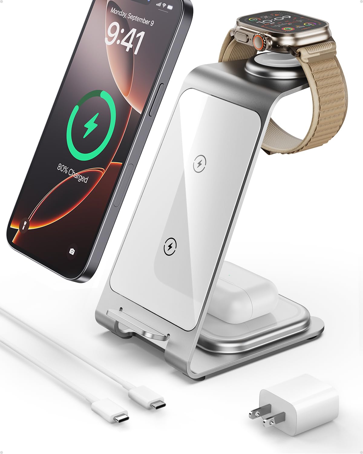 Intoval Aluminum 3-in-1 Wireless Charging Station for iPhone 17/17 Pro/17 Pro Max/16/16 Pro/16 Pro Max/15/14/13/12,for Apple Watch 11/Ultra 3/SE 3/10/9/8/7,for AirPods Pro 3/4/Pro 2/3/Pro(Silver)
