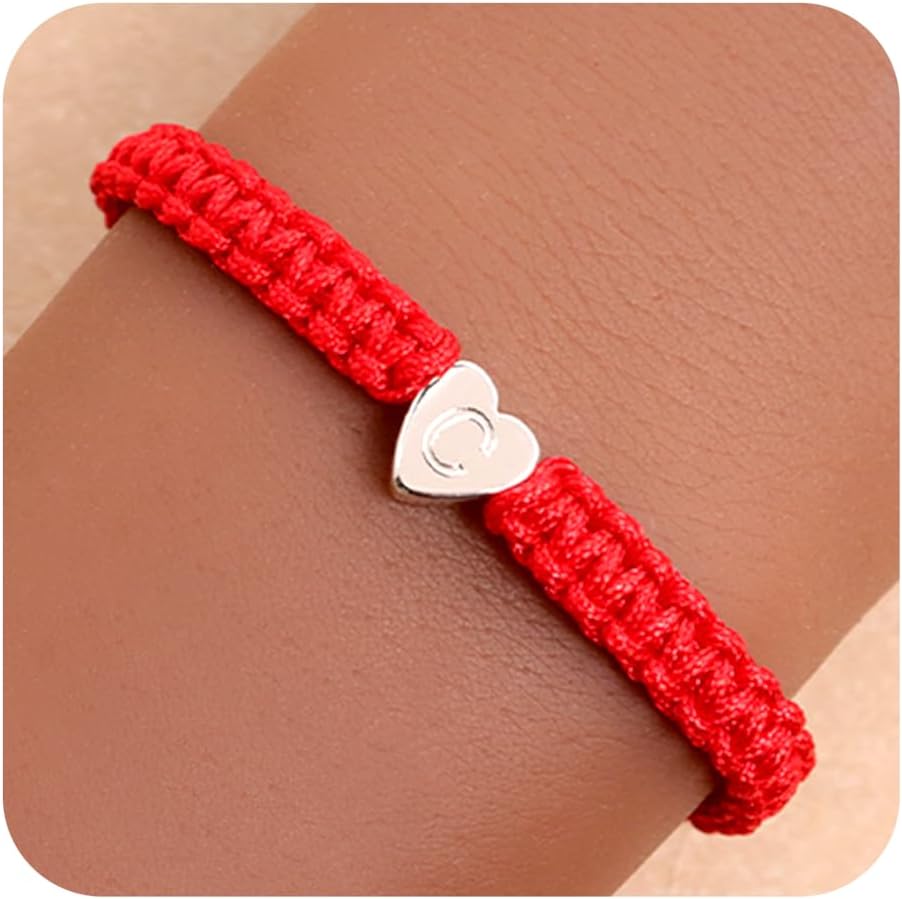 Trendy Silver Heart Initial C Red Strand Stack Bracelet for Women, Simple Stackable Letter Bracelets Accessories Prom Fashion Jewelry Gift