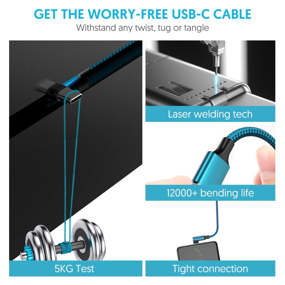 Geekboy Cable tipo C de 90 grados, ángulo recto, 2 unidades, 10 pies, cable de carga rápida USB A a USB C para Samsung S20 S10 S10e S9 S8 Plus, Note 10 9 8, LG V30 V20