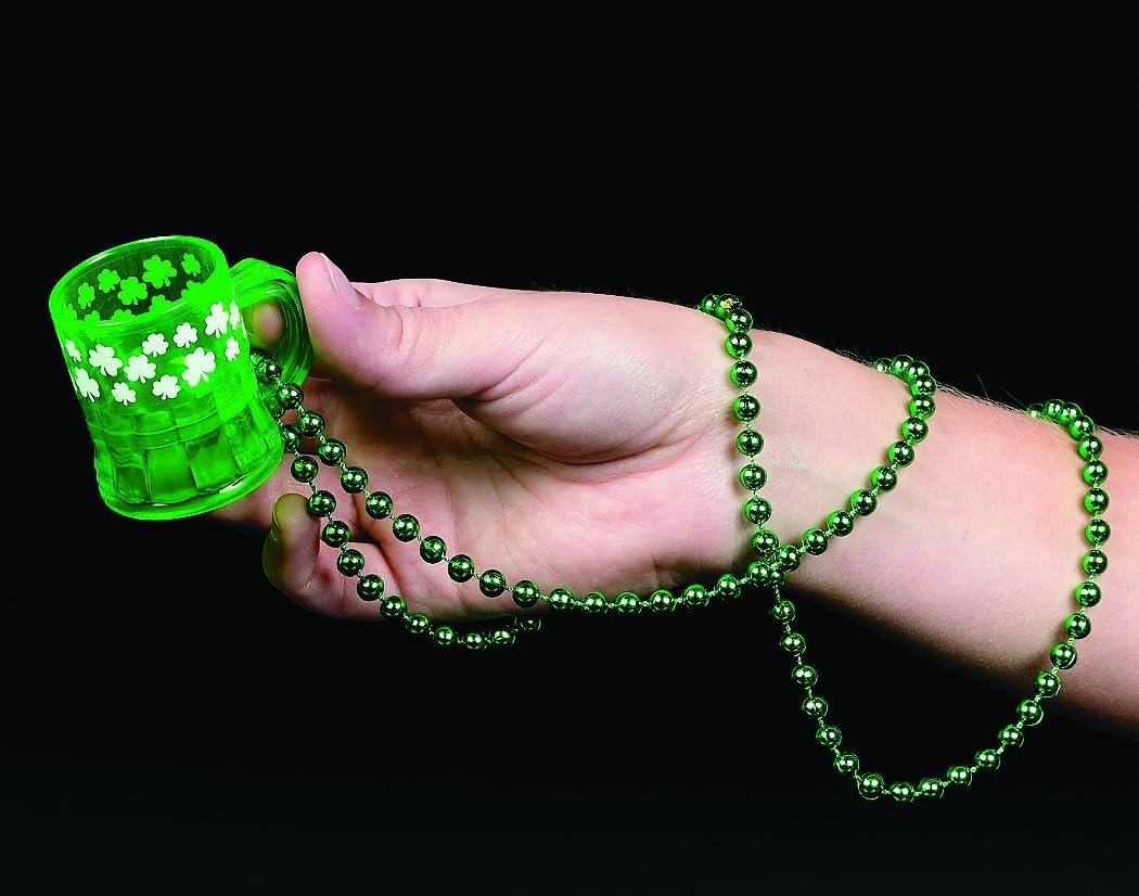 Fun Express Set of 12 Pieces Shot Glass Bead Necklaces, Holds 1 oz, St. Patrick's Day and Mardi Grad Party Supplies, Green
