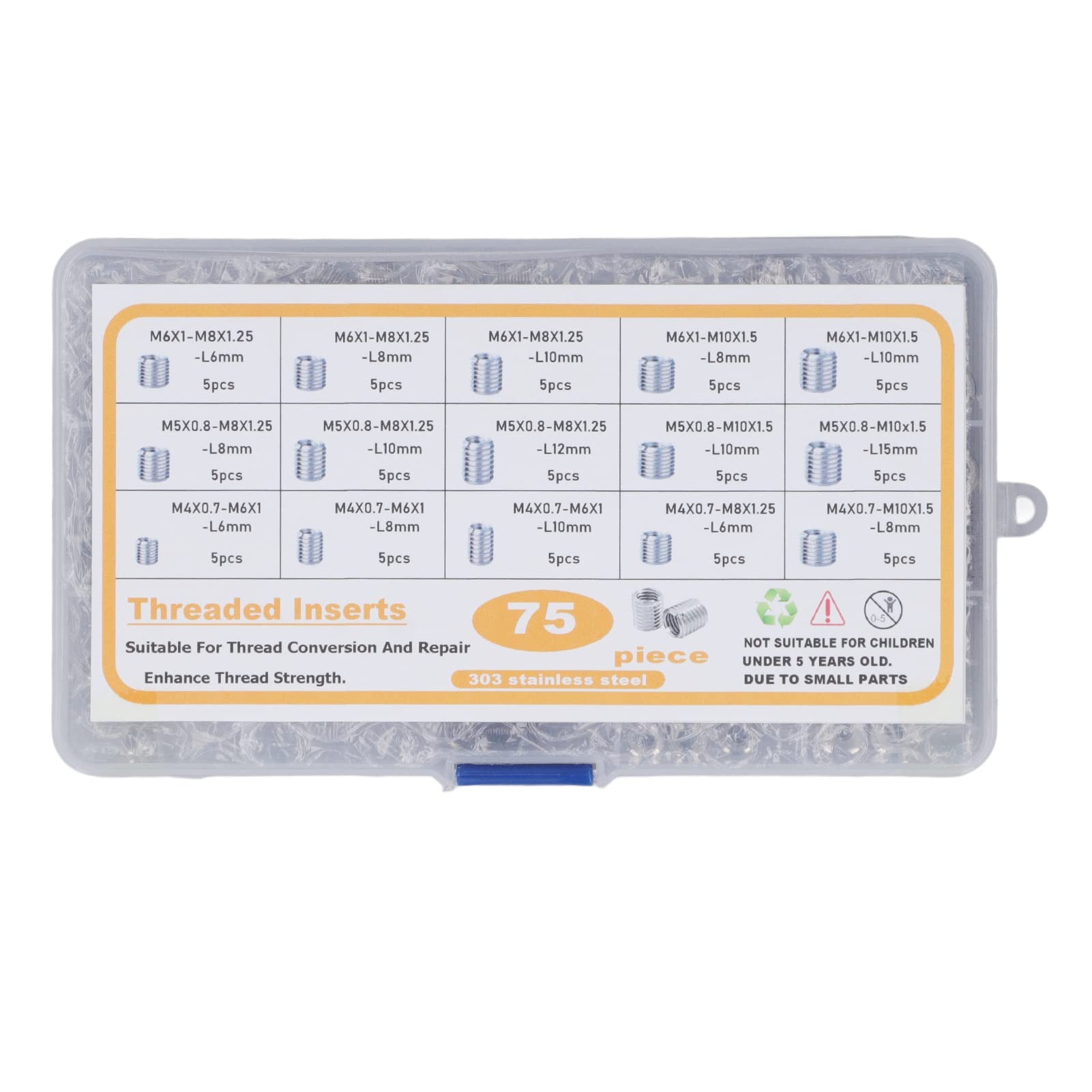 Threaded Nuts, Stainless Steel 75Pcs Threaded Inserts Set Sturdy with Storage Box for Aerospace Industry for Thread Repair