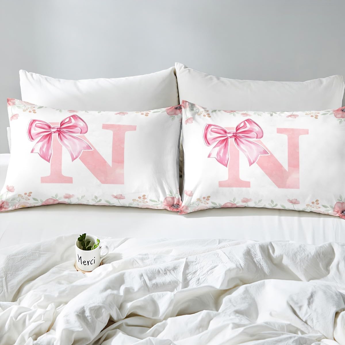 Initial Letter N Duvet Cover Single For Women Teen Girls Pink Alphabet Kids Bedding Sets Romantic Dreamy Bowknot Comforter Cover Spring Fresh Style Bed Set 2 Pieces - Image 4