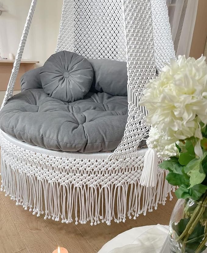 Image of Macrame Hanging Chair Swing with Cushions, Boho Indoor Round Hammock Seat Indoor & Outdoor - Patio, Balcony, Bedroom, Living Room, Garden-Kids, Adults (White with Grey)
