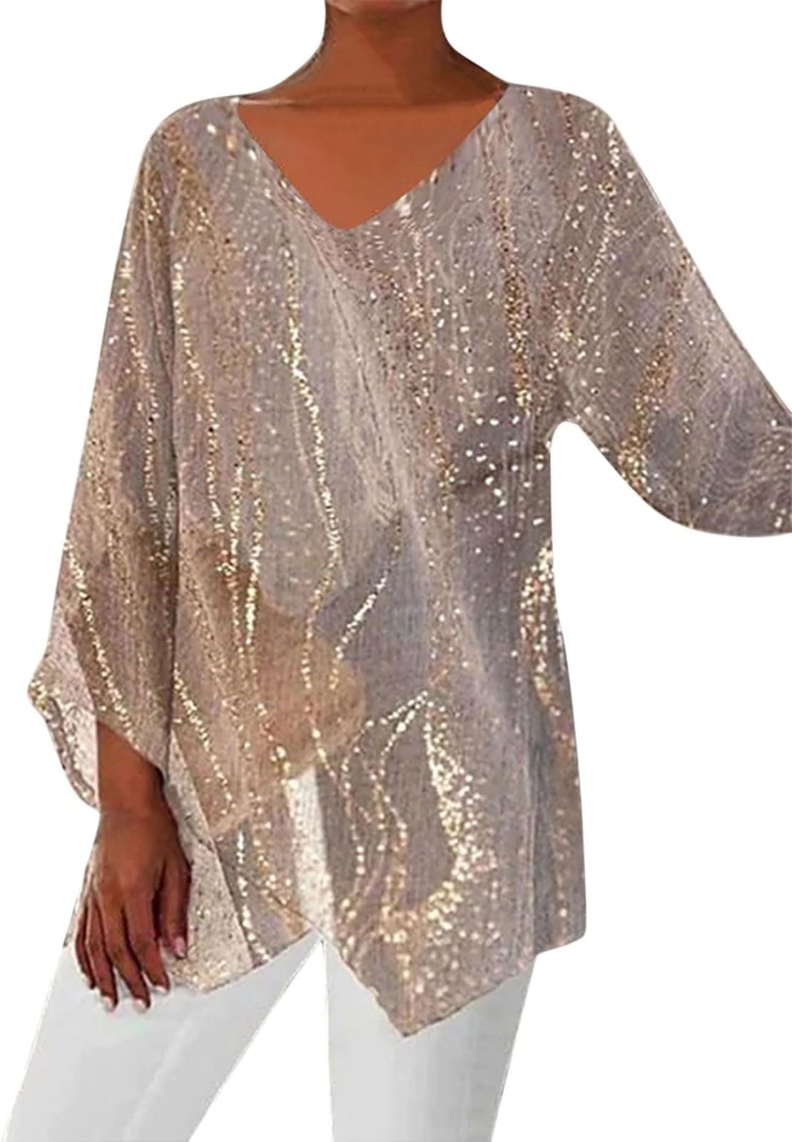 Women's Tops 3/4 Sleeve Blouses Dressy Sequin Sparkle Graphic Print Tops Office Work Shirts Irregular Hem Tops