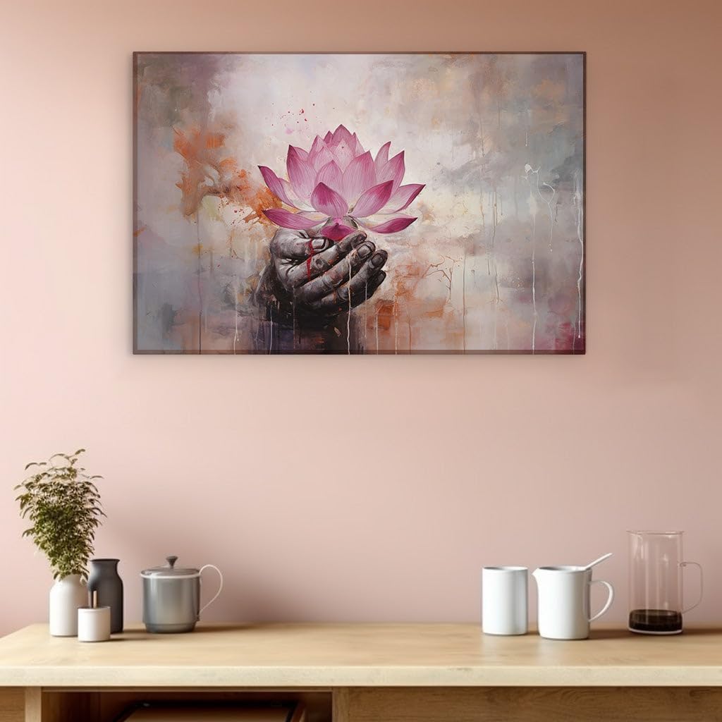 Art Wall: The Embrace Of Tranquility And Chaos - a Hand Cradling a Luminous Lotus Amidst Vivid Colors. Interior Decor, Canvas Art Design, Art Apartment Decoration. Size: 69x46 cm (27x18 inch)