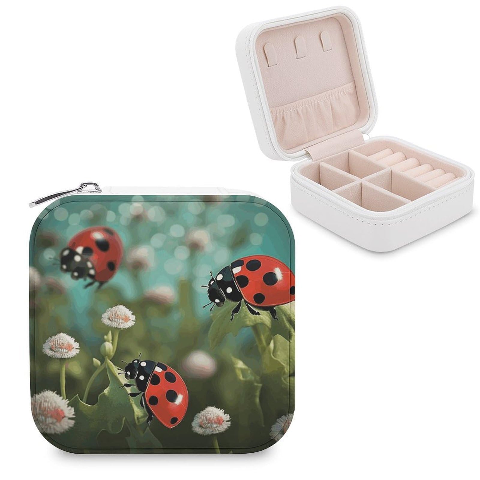 JTREHY Ladybug Landscape Jewelry Box Personalized PU Jewelry Box Exquisite Jewelrys Organizer Case Small Portable Jewellery Storage Holder for Rings Earrings Necklaces Gifts