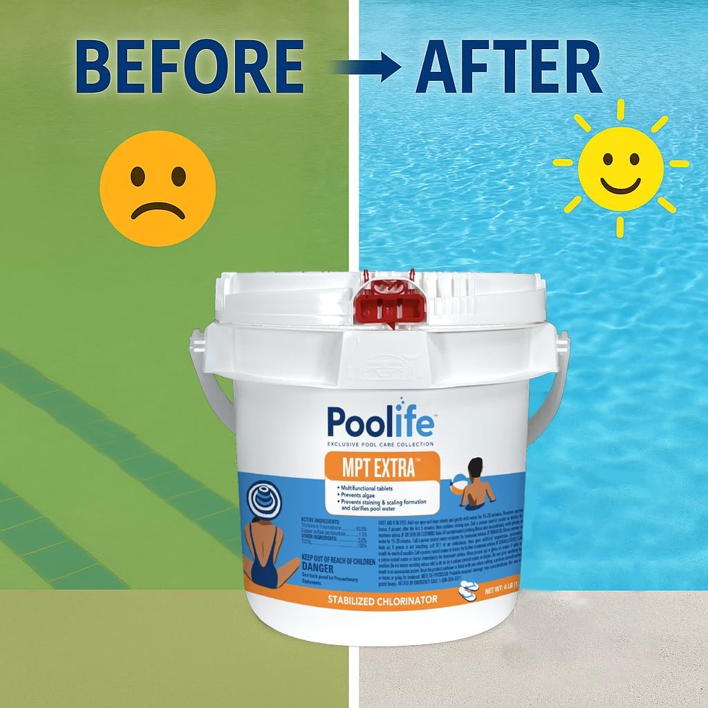 Poolife MPT Extra 4 lb – 3-in-1 Chlorine Tablets for Complete Pool Care – Sanitizes, Clarifies & Prevents Algae – Includes 2 Scum Socks and 7-in-1 Test Strips