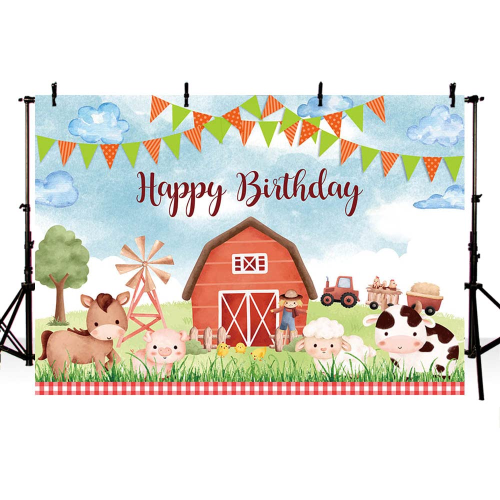 AIBIIN 2,4 x 1,8 m Cartoon Farm Compleanno Fotografia Sfondo Rurale Rosso Fienile Animale Verde Prato Bandiera Sfondo Baby Shower Torta Smash Banner Festa Bambini Decorazione Ritratto Foto Puntelli