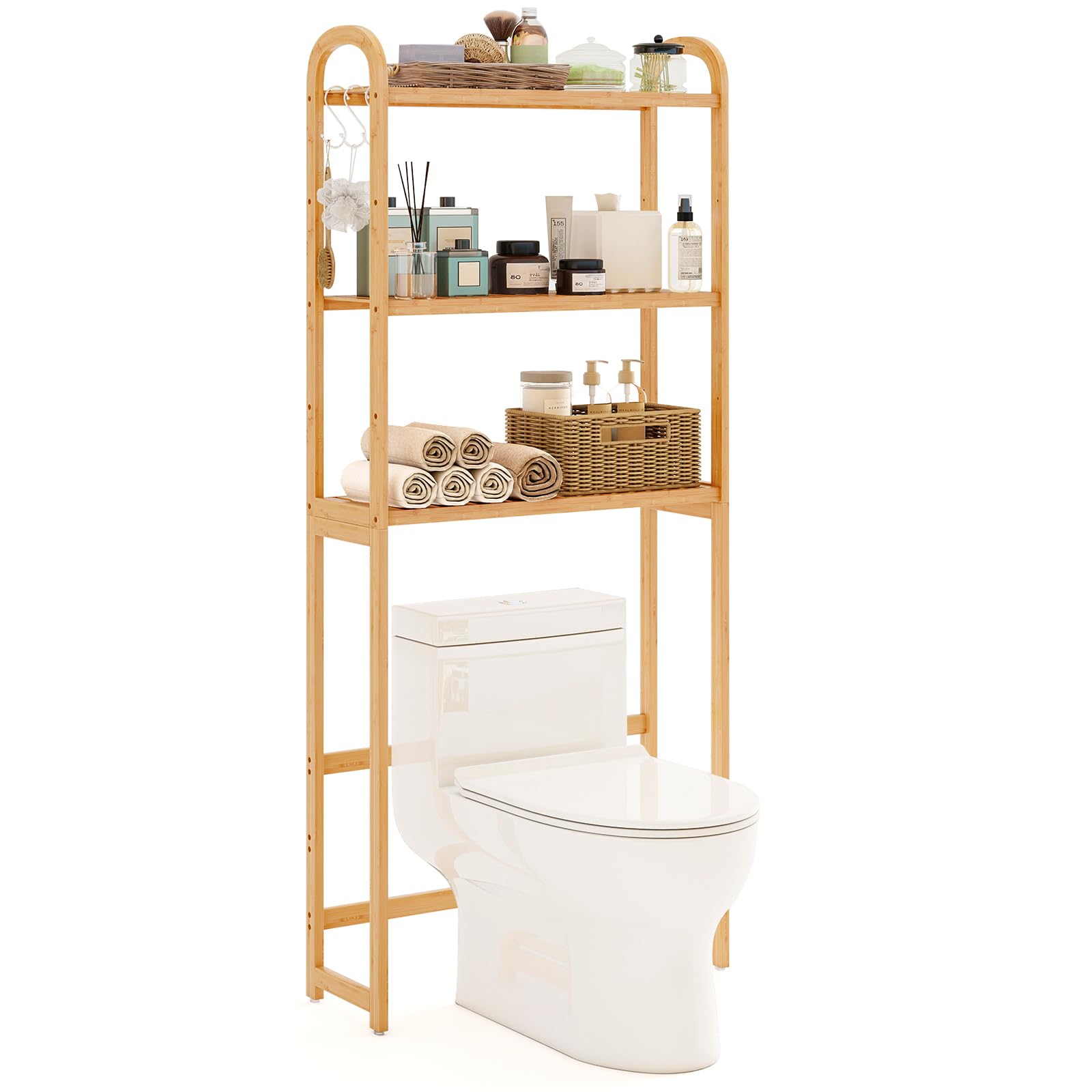 GOPLUS Meuble WC au-Dessus des Toilettes en Bambou, Étagère Toilette à 3 Niveaux avec 3 Crochets et Barres Réglable, Meuble Salle de Bain et Buanderie, 71,5 x 25 x 166 cm (Naturel)
