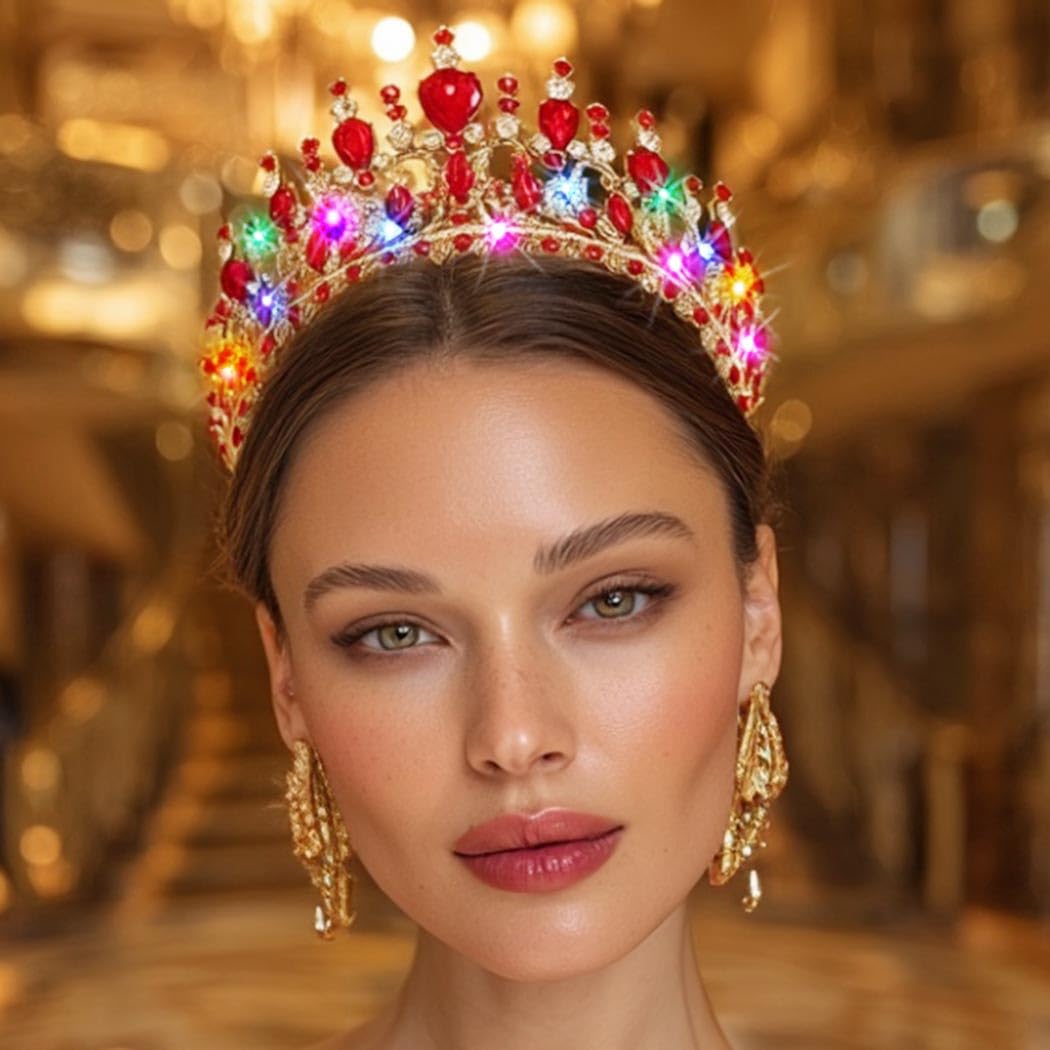 Yean Light Up Rhinestone Queen Crown Gold Red Baroque Crowns Bridal Tiara Hair Accessories for Women (Gold+Red, One Size) - Image 4
