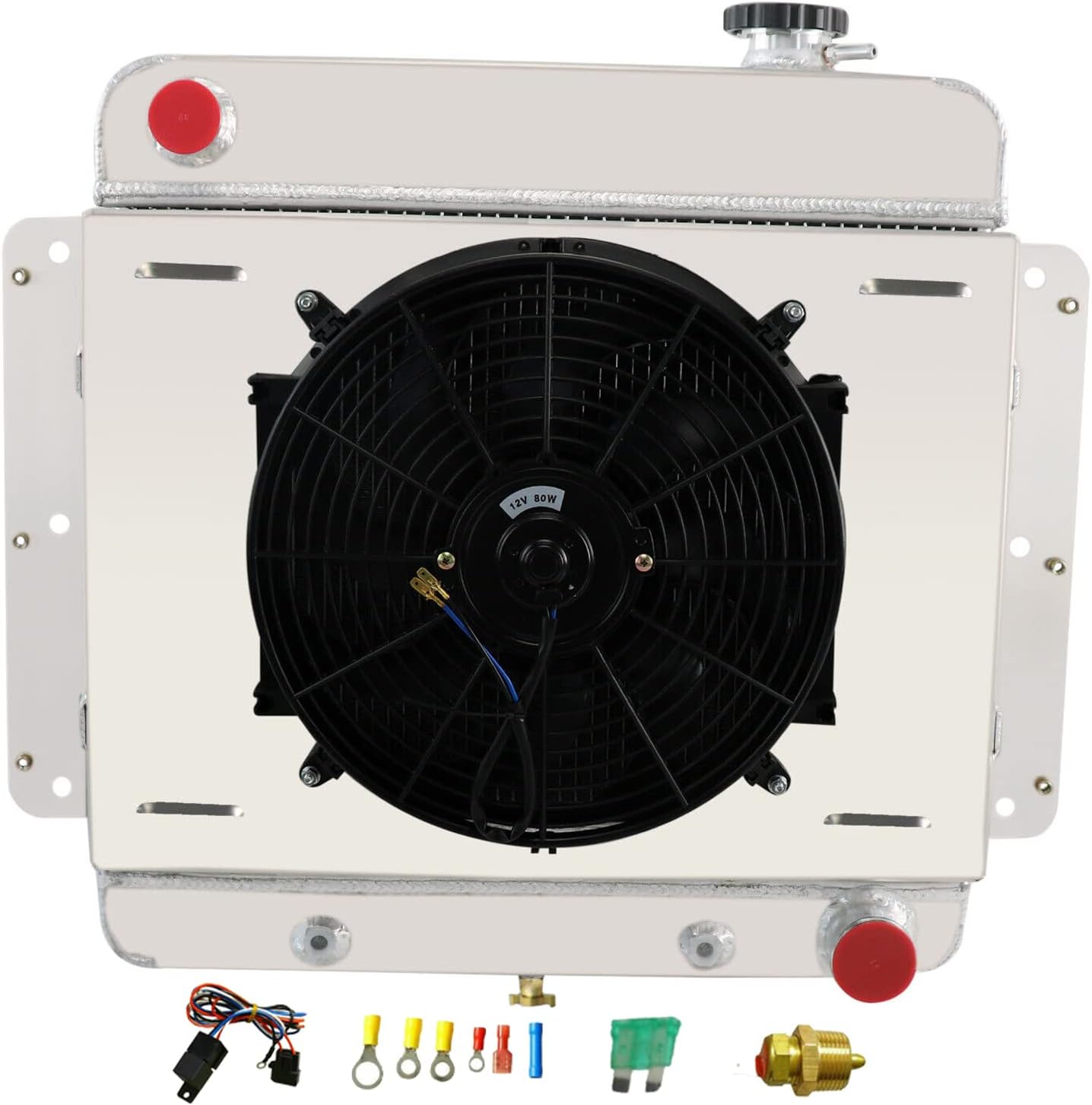 Full Aluminum Radiator For 1962-1967 Chevy Nova Chevy II Inline L6 V8 3.2L 3.8L 4.1L 4.6L Nova Radiators 4 Row Core Radiador Shroud 14" Fan Thermostat Relay Kit Radiadors