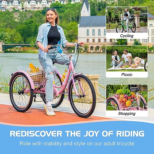 Slsy Adult Tricycles 7 Speed, Adult Trikes 20/24/26 inch 3 Wheel Bikes, Three-Wheeled Bicycles Cruise Trike with Shopping Basket for Seniors, Women, Men. - Thumbnail 2