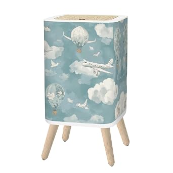Small Trash Can with Lid Hot Air Balloon Cartoon Animal Blue Sky Cloud Airplane Birds Balloons 2.6 Gallon/10L Garbage Can Waste Bin with Pop-Up Lid Wood Legs Wastebasket for Bathroom Kitchen Bedroom