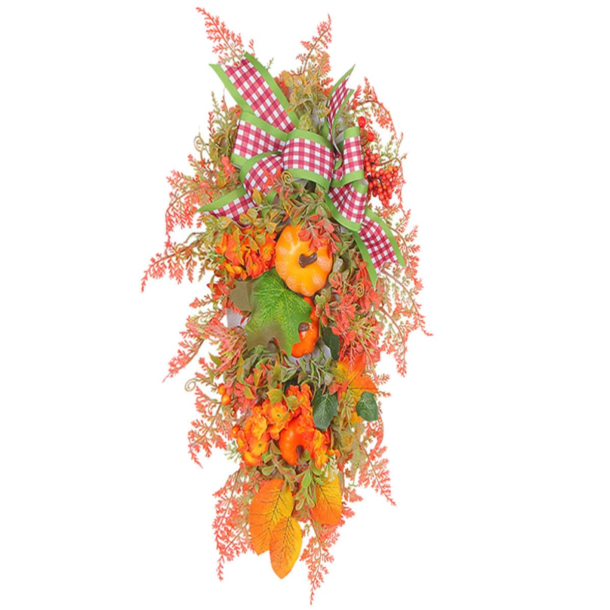 Couronne d'automne en plastique et tissu orange avec citrouille rustique
