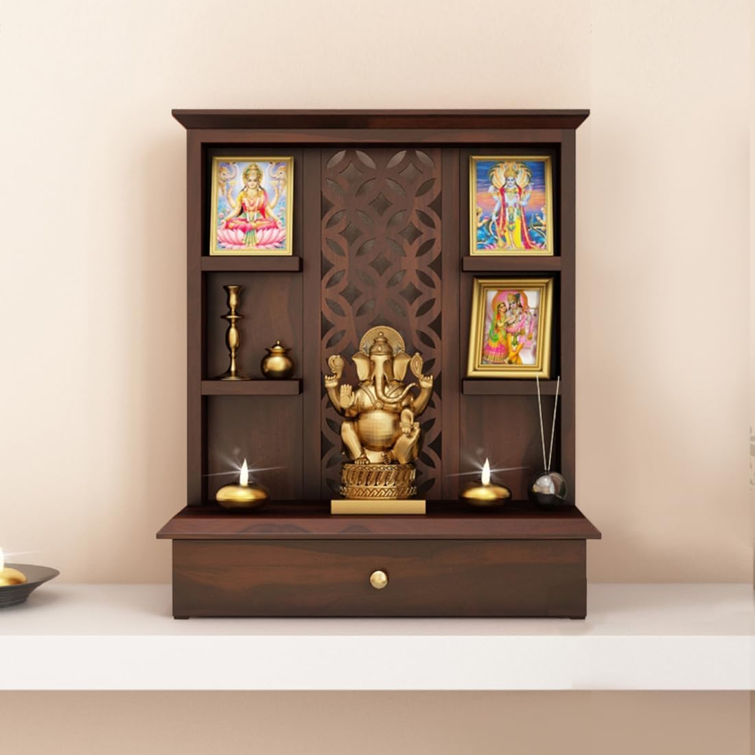 Sheesham Wood Temple for Home | Pooja Mandir for Puja Room with 1 Drawer Storage & Shelf | Pooja Mandap Wood Religious Home Temple (Walnut Finish)