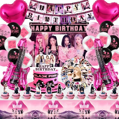 Deco Blackpin Anniversaire - 50 Pcs Stickers et Ballons, Décoration Gâteau, Toile de Fond et Nappe
