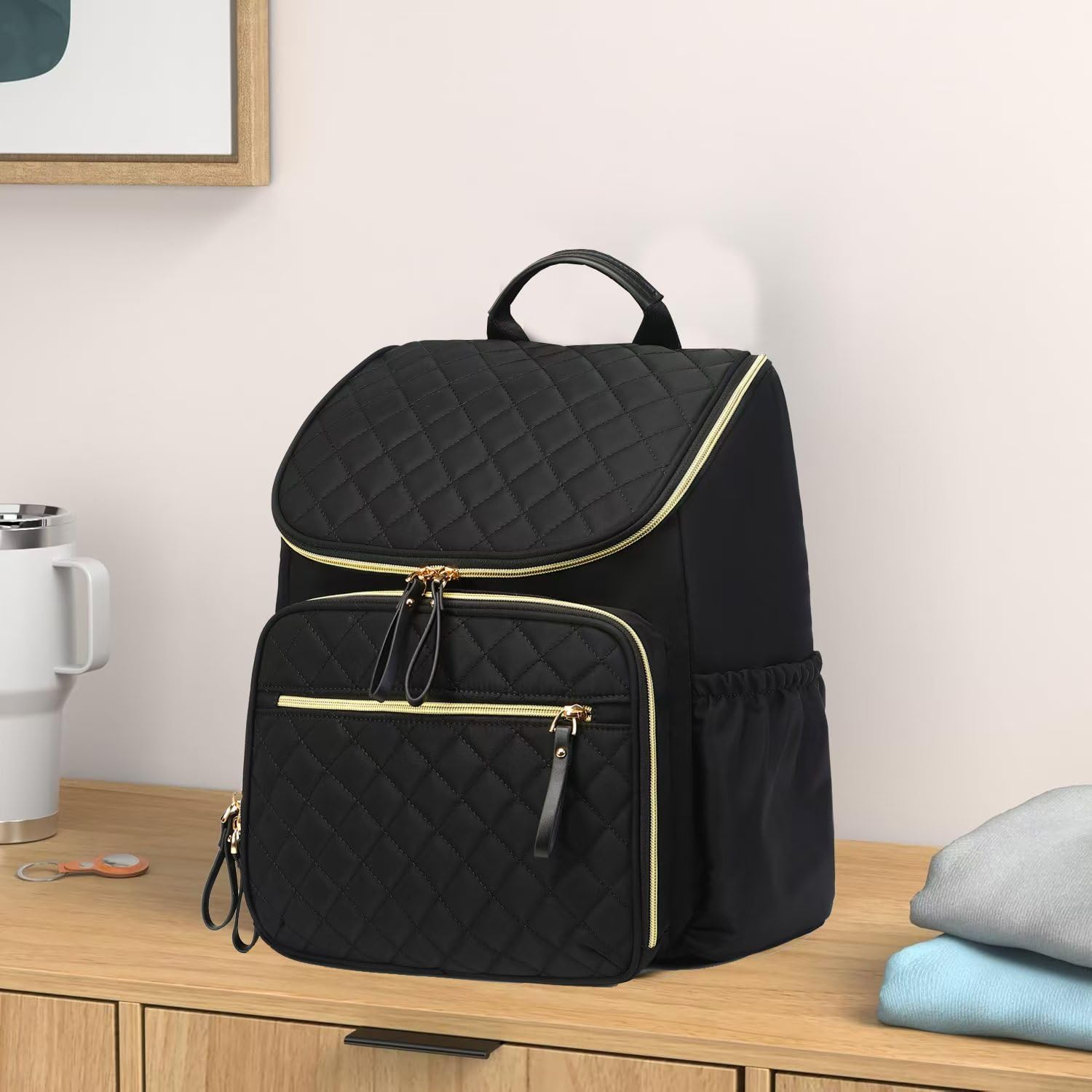 LORADI Sac à langer de grande capacité avec boucle de poussette, sac à dos de voyage résistant à l'eau avec poches isothermes, Noir/doré, Large, Classique
